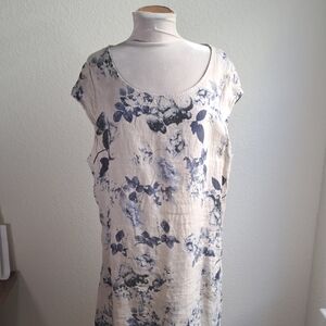 Linen Dress 1X Lungo L’Arno Italy Knit Sides Pocket Cream Navy Floral Cap Sleeve